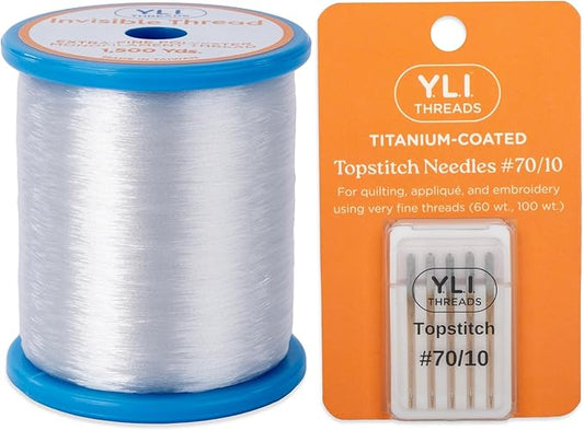 YLI Invisible Thread – Fine Polyester Monofilament for Quilting, Appliqué & Stitch-in-The-Ditch (Invisible Thread Poly & Topstitch #70/10, Combo Pack)