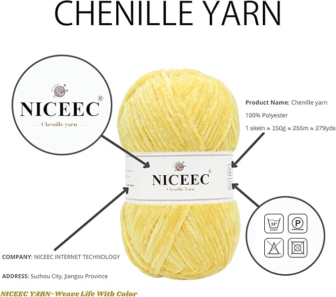 NICEEC 2 Skeins Soft Chenille Yarn Blanket Yarn for Knitting Fancy Yarn for Crochet Weaving DIY Craft Total Length 2×255m (2×279yds, 2×150g)_Yellow