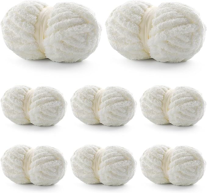 8 Pack Chunky Yarn for Hand Knitting - Chenille Yarn for Crocheting - 224 Yds Chunky Blanket Yarn Jumbo, Bulky Thick Fluffy for Knitting Blankets, Super Bulky Yarn 61.6 Oz (Milk White)