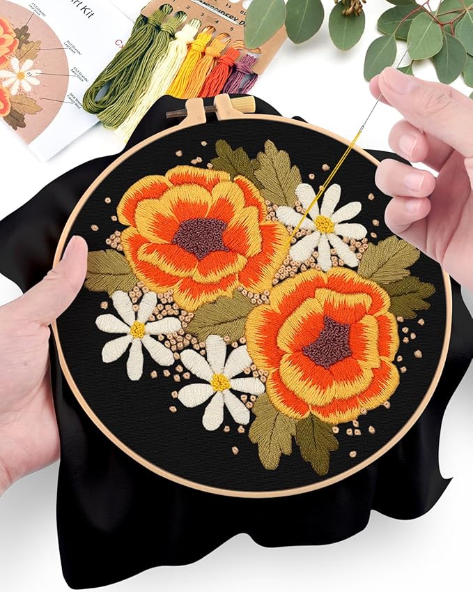 ERKOON Embroidery Kit for Beginners, Flower Cross Stitch Set Include Embroidery Cloth Hoops Threads for Craft Lover Hand Stitch with Embroidery Skill Techniques (Floral)