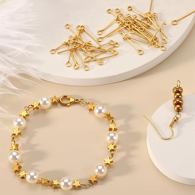 Junkin 1400 Pcs Eye Pins Mix Jewelry Findings 0.63 * 0.79 * 1.18 in Open Eye Head Pins Findings for Jewelry Making DIY Necklace Bracelets(Retro Gold)