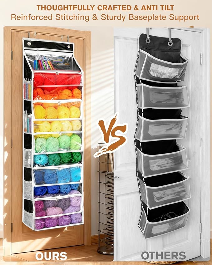 Hanging Yarn Storage Organizer, Large Capacity Over the Door Yarn Organizer with 6 Clear Zipper Pockets 10 Mesh Side Bags, Hanging Yarn Holder Knitting Storage Bag for Crochet Hooks, Black