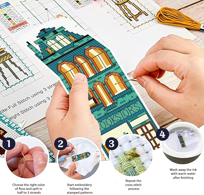 FREEBLOSS 6 Set Cross Stitch Bookmark Kit Stamped Cross Stitch Kit Street View Pattern Embroidery Set with Instruction for Adults 8''*2.4''