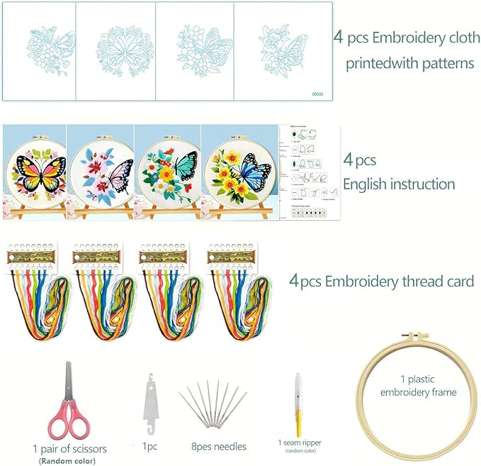 Zhenqing Butterfly Embroidery Kit 11.4x11.4 Inch - Complete Embroidery Set with Fabric, Threads, Needles & Hoop - Beginner-Friendly DIY Craft Kit for Adults (C0041)