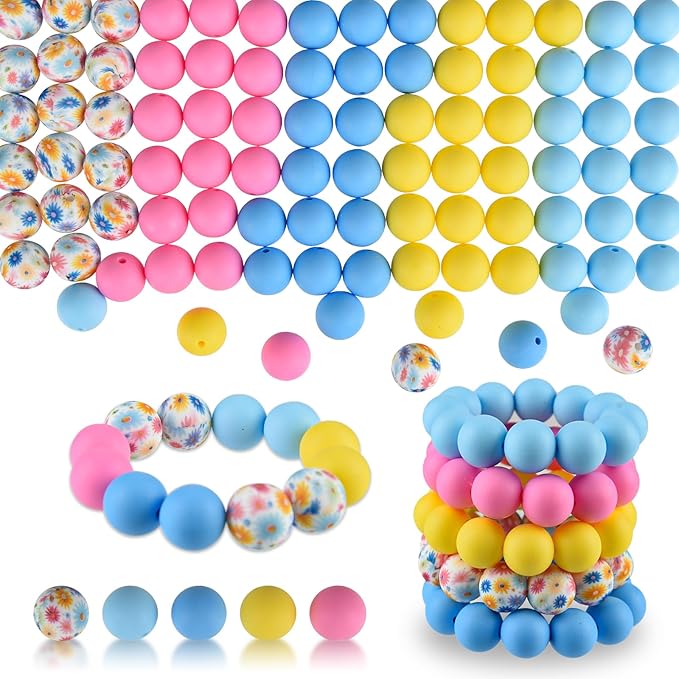 ASTARON 100 Pcs 15mm Silicone Beads for Keychain Making,Yellow Pink Blue Bulk Round Beads for Bracelets Crafts Beadable Pens Decorations Jewelry Making Party Favors Supplies