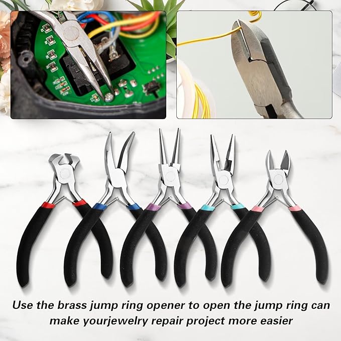 5 pcs jewelry making pliers tools with needle/chain nose pliers, wire cutters round nose, bent nose-matte handle,jewelry making supplies for adults