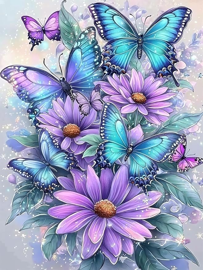 MBNTJHT DIY Butterfly Diamond Art Kits for Adults Beginners,Easy Flowers 5D Round Drill Diamond Painting Kits on Canvas,Butterfly and Floral Gem Art Kits for Home Wall Decor 12X16 Inch.