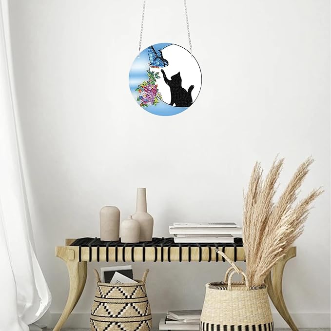 TDFERAN Diamond Painting Pendant Black Cat DIY Diamond Art Decoration Kit Adult Crafts Gem Art Pendant Wall Home Window Decoration Adult Digital Oil Painting Crafts