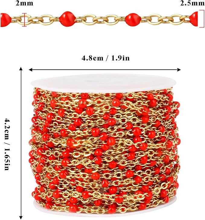 33 Feet Gold Enamel Chains Bulk, 2mm 18K Gold PVD Plated 304 Stainless Steel Red Enamel Beaded Cable Link Chain Roll Spool for Jewelry Making