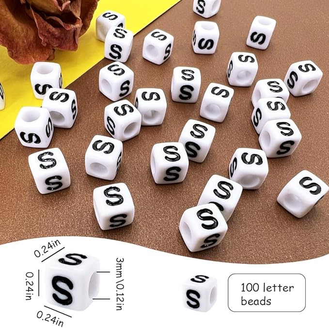 MIIIM 100pcs Pony Beads Letter S for Keychains Making, 6x6mm Large Hole Square Letter Beads for Bracelets Making, Alphabets, Numbers (White and Black)