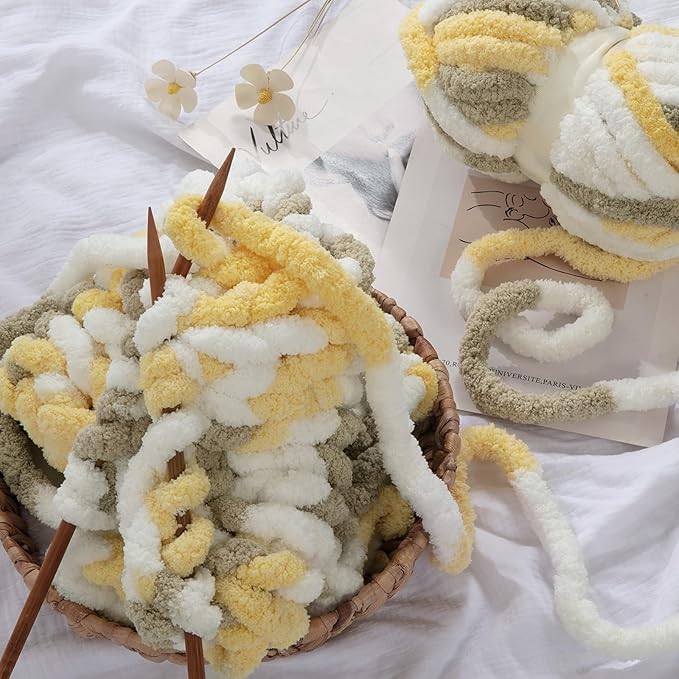 HOMBYS Chunky Tie Dye Mix Chenille Yarn for Hand Knitting, Super Bulky Jumbo Yarn for Crocheting, 3/4" Thick Soft Plush Yarn for Blankets, 8 Skein Pack (26 yds / 7.5 oz Each) White Yellow Brown
