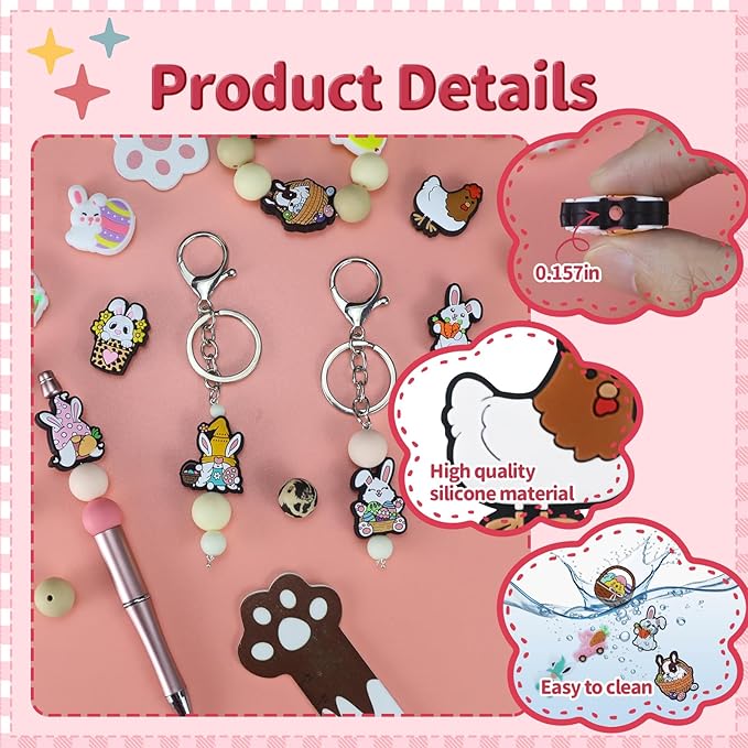 14pcs Easter Silicone Focal Beads, Round Silicone Beads for Keychain Making, Pens, Bracelet, Necklace Crafts (Pink, Easter)