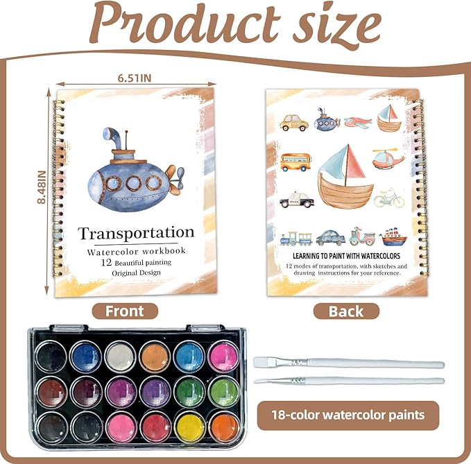 Watercolor Workbook, Water Coloring Book, 12 Different Patterns of Original DIY Designs, 18 Colors Watercolor Paint Set, Beginner-Friendly Watercolor Workbooks(Transportation), Perfect Gifts for Adult