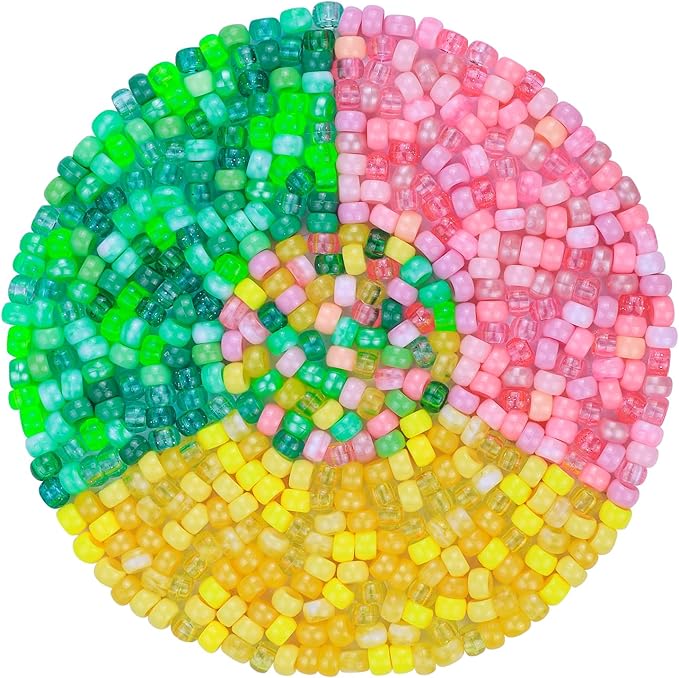 plastic pony beads for jewelry making, 1200 pieces, multi-color, 0.35 x 0.22 inch, diy craft beads for bracelets and hair braids (yellow+pink+green)