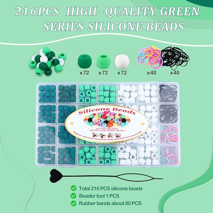 AD Beads 216PCS 6x9mm Soft Pony Silicone Beads for stylehair, Green Series with 80 Elastic Bands, Tool and Storage Box Kit for Braids, Bracelet, Crafts.