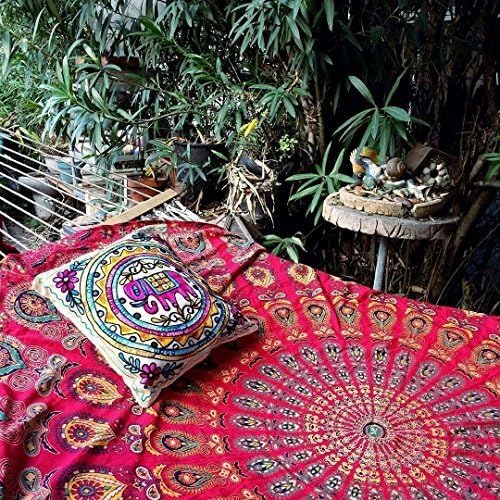 bless international handmade indian hippie bohemian psychedelic peacock mandala wall hanging college dorm beach throws table cloth bedding tapestry (golden red, queen(84x90inches)(215x230cms))