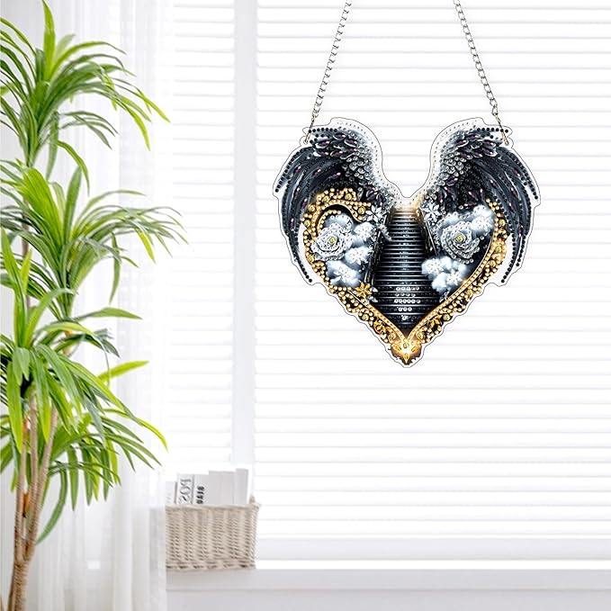 Lxmsja DIY Angel Wings Diamond Painting Hanging Ornament, Double-Sided Acrylic Stairway to Heaven Diamond Art Kit, Special Shaped Suncatcher Hanging Pendant Window Art Kit 7x8 inch