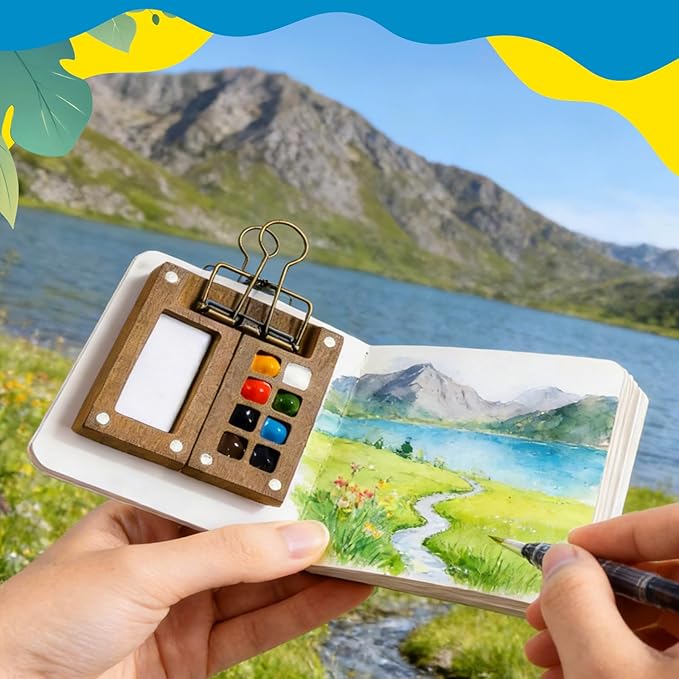 Mini Set, Mini Travel Kit with Wood Palette, Brush & Sketchbook - Portable Art Kit for Artists & Students