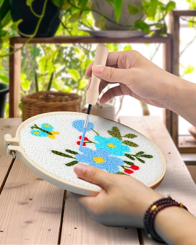 TINDTOP Punch Needle Embroidery Kits, Flowers Punch Needle Kits for Adults Beginner, Tool with Punch Needle Fabric, Hoops, Yarns and Sewing Needles (Set A)