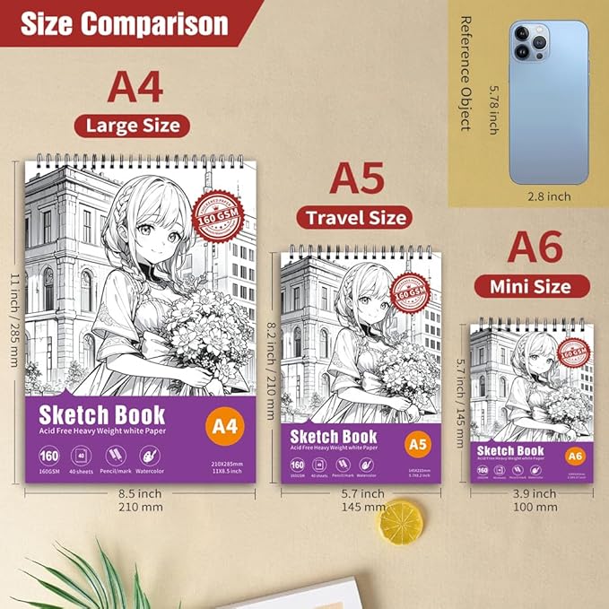 Thickened Mixed Media Sketchbook - Three Different Sizes, Drawing Paper Pad-108lb/160gsm, (Anime X, Gift Set （A4+A5+A6)