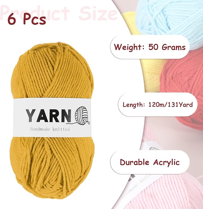 6Pcs Gold Acrylic Yarn 790 Yard 4 Ply Soft Crochet Yarns Sport Weight Yarn,[for DIY Crocheting Knitting Craft Blankets Hats]-300g