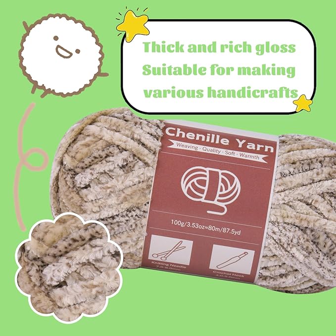 LUNARM Chenille Yarn for Crocheting Knitting, 3 Skein 10.58 oz / 263 Yard Thick Soft Chunky Fluffy Weaving Plush Yarn for Blankets Clothes Pattern with Big Eye Needles(Light Khaki Gradient)
