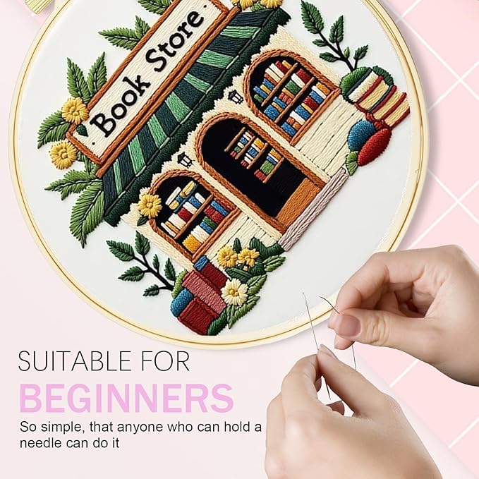 Huacan Embroidery Kit for Beginners Pre-Stamped Pattern Kits for Adults with Hoop, Easy to Follow Color Thread Needlework