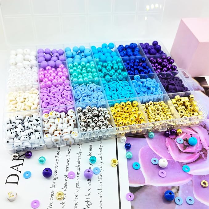 2220pcs Purple Blue Polymer Clay Beads Assorted Pearl Acrylic Round Heishi Flat Round Letter Silver Gold Spacer Beads for Friendship Bracelet Necklace Jewelry Making
