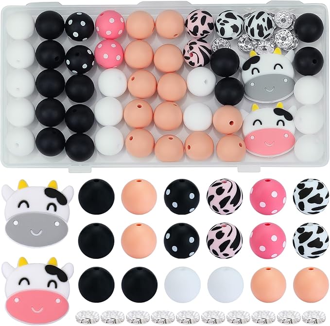 44 Pcs 15mm Silicone Round Animal Focal Beads for Pens, Keychains, Bracelets & Other Crafts (Dairy Cow)