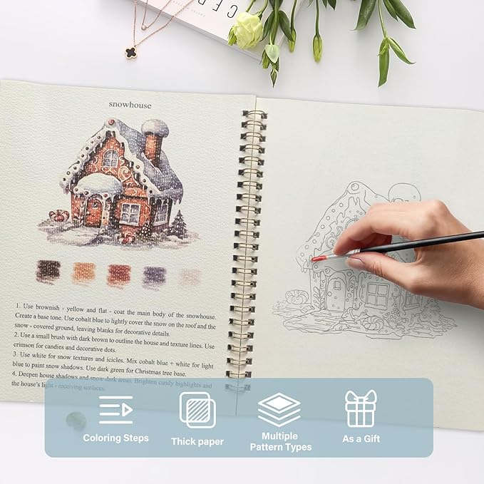 Watercolor Workbook, Water Coloring Book, Beginner-Friendly Watercolor Workbooks with 12 Colors Paint Set with Paint Brush, Suitable for Adult
