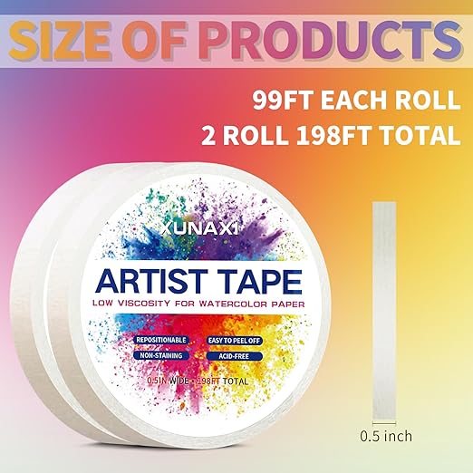 2 Packs Art Tape, Artist Tape for Watercolor Paper Low Tack White Painters Tape for Drafting Art Painting Canvas Framing Acid Free Masking Tape-0.5IN Wide 198FT Long Total