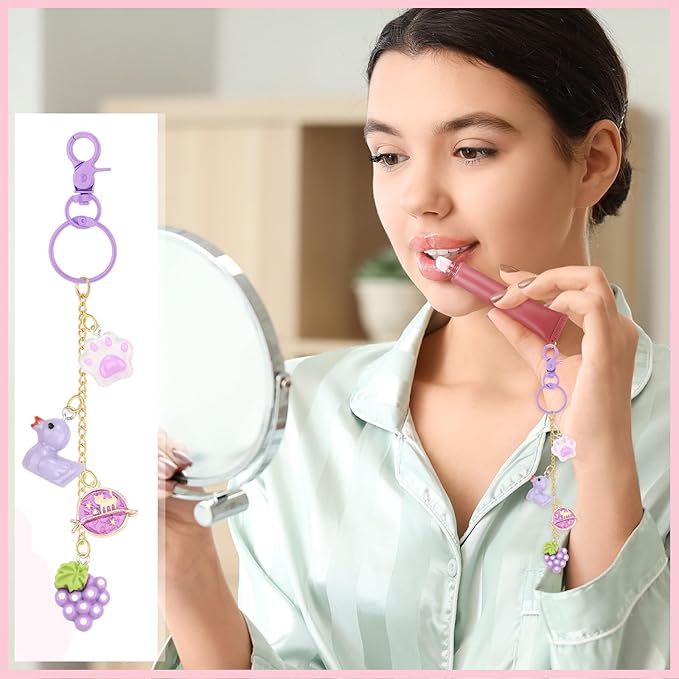 VioraWhite 213 Pcs Lip Gloss Keychain Making Kit 100 Pink Enamel Charms 32.81 ft Gold Chains for DIY Crafts Women(Cute)