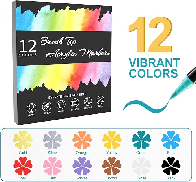 12 Colors Acrylic Paint Markers - Waterproof Dual Tip Acrylic Paint Pens with Brush & Fine Tip Professional Marker Set Scrapbook Markers for Paper Rock Wood Fabric Glass Ceramic and DIY Crafts