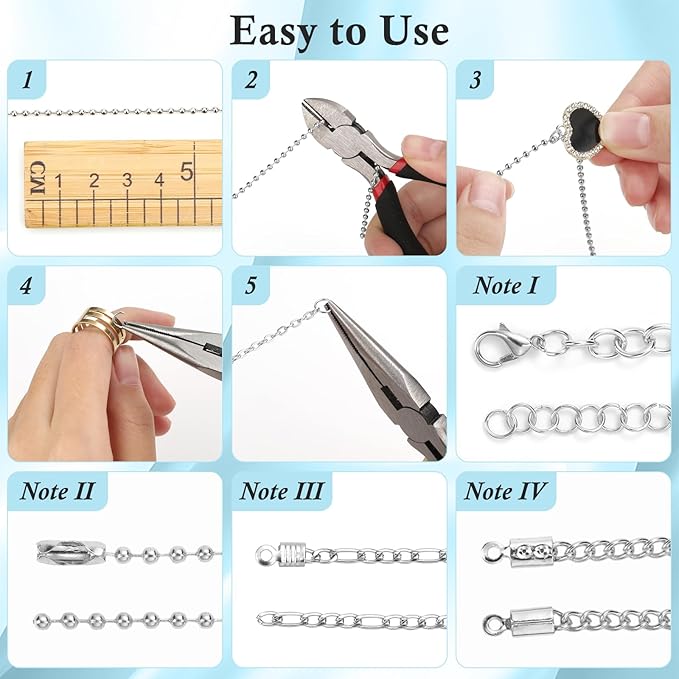 ROADPLUM 14Roll Silver Jewelry Making Kit - 102Ft Necklace Chains (Copper & Stainless Steel) with 2 Jewelry Pliers, 260+ Lobster Clasps, Jump Rings & Connectors