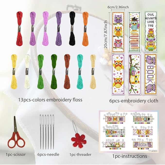 ORIGACH 6 Set Cross Stitch Bookmark Kit for Beginner Owl Pattern DIY Stamped Embroidery Bookmark Kit with 13 Colors Embroidery Floss Instructions