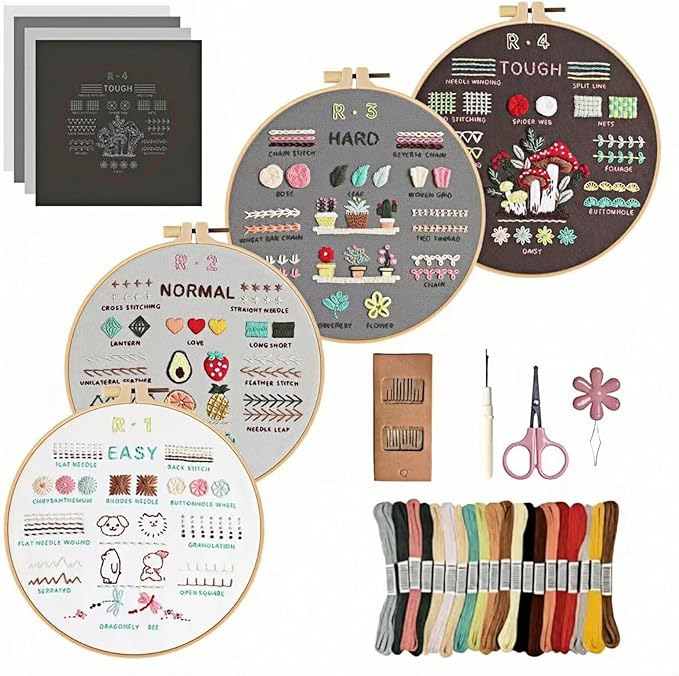PALUPJEF Embroidery Kit for Beginner and Adults, 4 Hoop Set to Learn 38 Stitches with Pre-Stamped Patterns, Complete Starter Kit with Instructions, DIY Gift for Women
