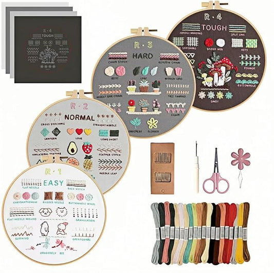 PALUPJEF Embroidery Kit for Beginner and Adults, 4 Hoop Set to Learn 38 Stitches with Pre-Stamped Patterns, Complete Starter Kit with Instructions, DIY Gift for Women