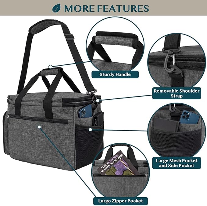 PAVILIA Knitting Bag Yarn Storage Tote, Large Crochet Organizer Bag, Yarn Storage Holder for Crocheting Knitter, Knitting Project Bag, Crochet Accessories Set, Gifts For Crochet Lovers, Charcoal Grey
