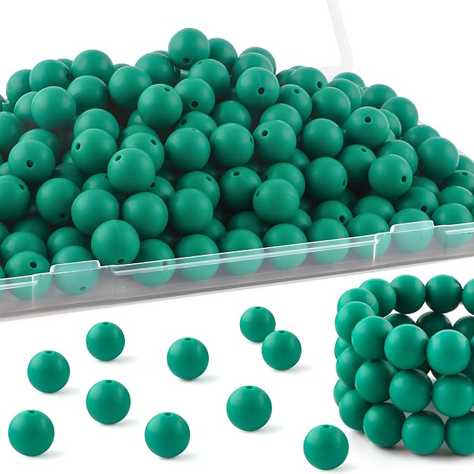 Silicone Beads, 150Pcs 15mm Round, Bulk for Keychain Making, Bracelet Making, Necklace Making, Deep Green