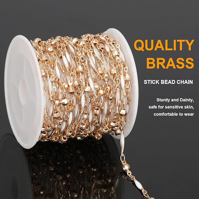 KYUNHOO 4 Meters Satellite Beaded Chain for Jewelry Making White Oil Drip Chain Link Gold Plated Brass Chain Spool for Women Making Jewelry Crafting Finding Supplies