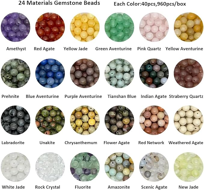 Yephac 960pcs 6mm Gemstone Beads for Jewelry Making, 400g Loose Beads Box Assorted (24 Colors-5,6mm)