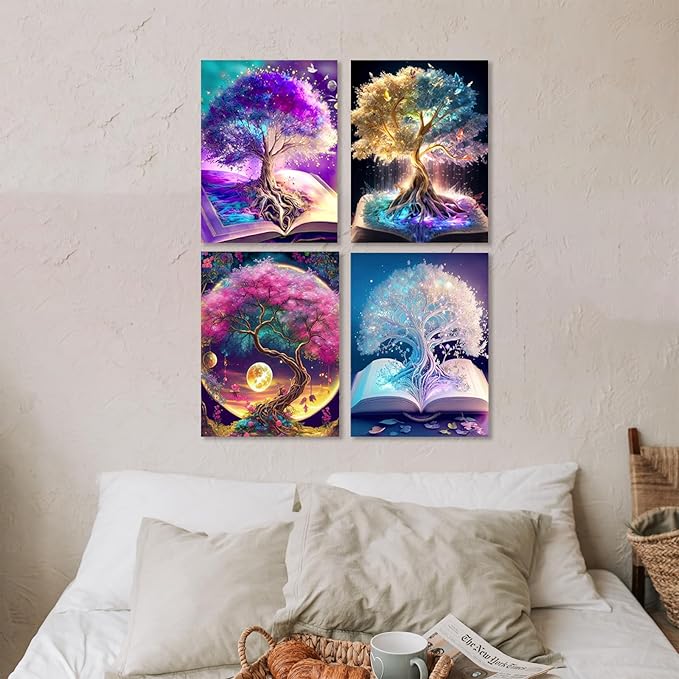 Muzagroo Art Diamond Painting Kits for Adults, DIY 5D Diamond Art Kits for Beginners, Tree of Life Canvas Arts and Crafts for Living Room, Kids Room 4 PCS Wall Art