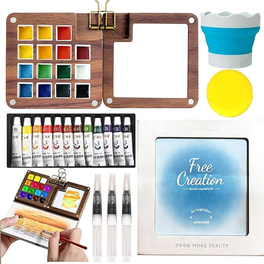 Mini Watercolor Paint Set with 15 Grid Travel Portable Palette Pocket Artists Wooden Gird Paint Box for Kids Painters Students