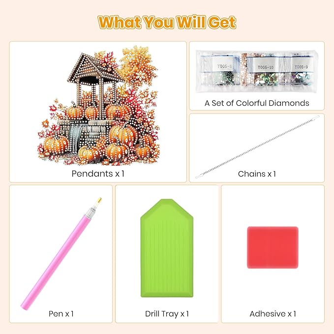 MOGTAA Fall Pumpkin Diamond Art Hanging Pendant Kits, Landscape Diamond Art Kits for Adults, 5D Special Shape Diamond Painting Gem Art for Home Garden Wall Decor