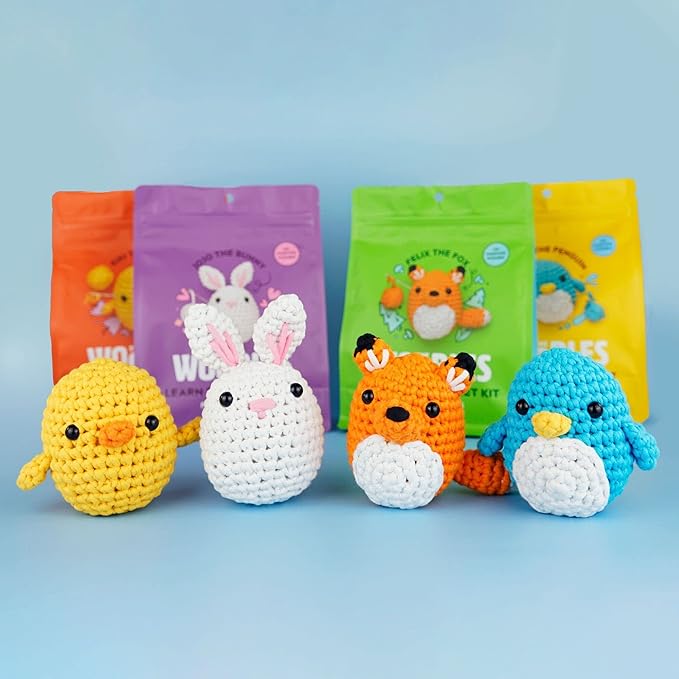 the woobles crochet kit for beginners - easy arts and crafts knitting & crochet animals kit all in one bundle as seen on shark tank - (penguin,chick,fox & bunny) with easy peasy yarn