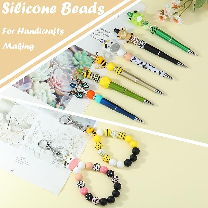 46 Pcs 15mm Silicone Round Beads Bulk for Keychain Bracelets Making and Other Handmade Crafts (Cow)