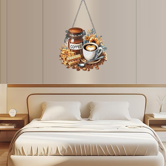 STGLCR Coffee Diamond Art Painting Pendant Kits 5D Diamond Art Hanging Kit DIY Crystal Diamond Painting Double Sided Ornament Pendant Board Kit Gift Wall Home Christmas Decor