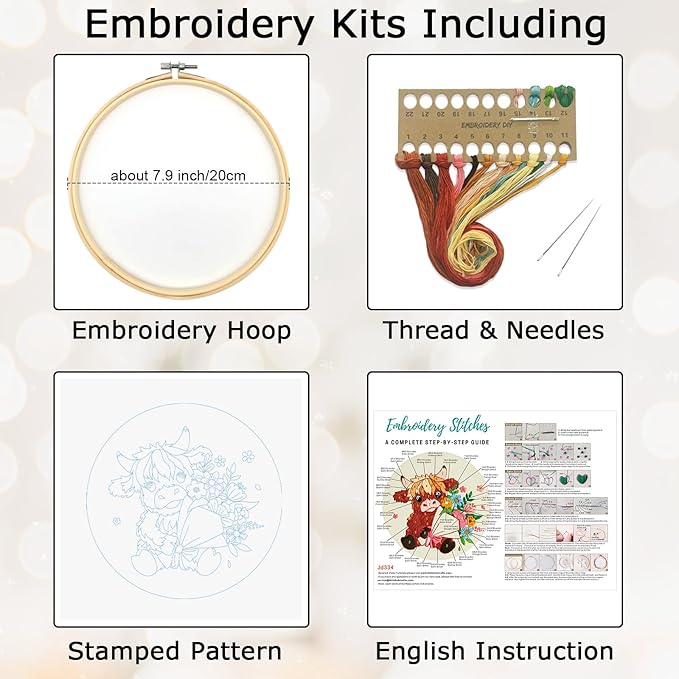 Nuberlic Highland Cow Embroidery Kits for Beginners with Flowers Pattern, DIY Cross Stitch Starter Kits for Adults Including Cloth with Pattern, Hoop, Needles Instruction and Threads