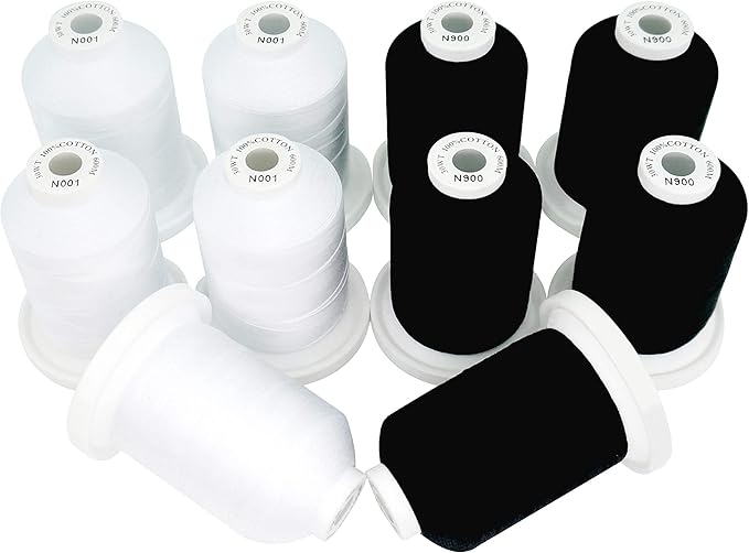 New brothread - 18 Options - Multi-Purpose 100% Mercerized Cotton Threads 50S/3 600M(660Y) Each Spool for Quilting, Serger, Sewing and Embroidery - 5 White+5 Black Colors