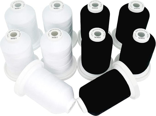 New brothread - 18 Options - Multi-Purpose 100% Mercerized Cotton Threads 50S/3 600M(660Y) Each Spool for Quilting, Serger, Sewing and Embroidery - 5 White+5 Black Colors